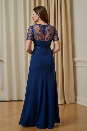 Mousseline de soie marine Une ligne appliquée illusion col bateau longue mère de la mariée robe avec manches